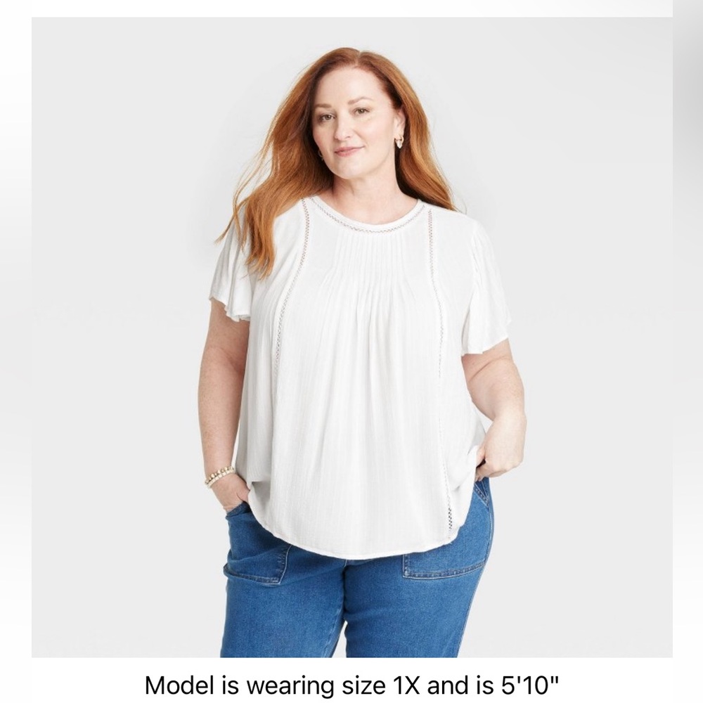 Women's Plus Size Flutter Sleeve Evelet
Embroidered Top - Knox Rose Green 1X